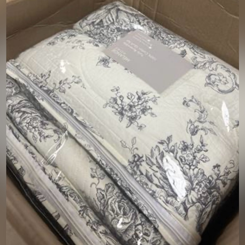 Toile and Bamboo Stripes Reversible Cotton Quilt Set Queen - Picture 4 of 5